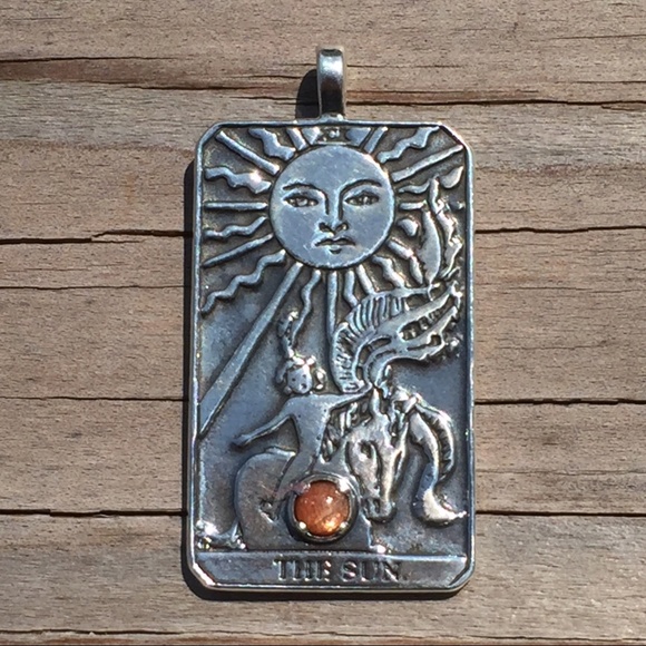 Sun Tarot Card Pendant .925 Sterling Silver w/ genuine Sunstone gem Made in USA - Picture 8 of 16